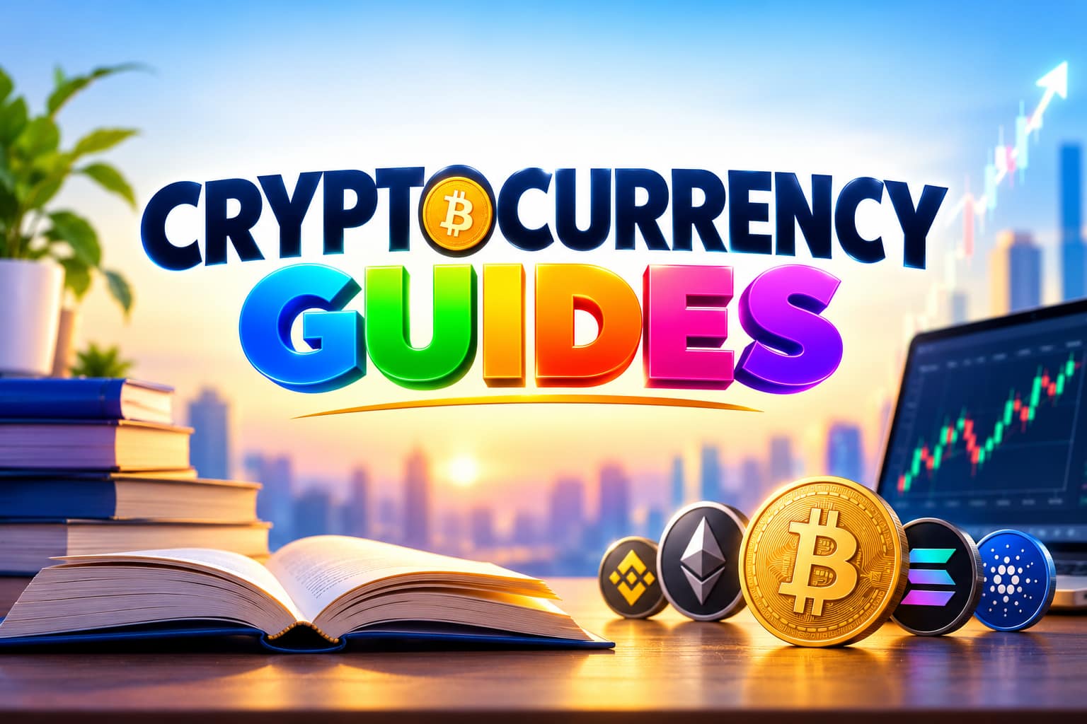 Cryptocurrency Guides with crypto coins, books, and trading chart