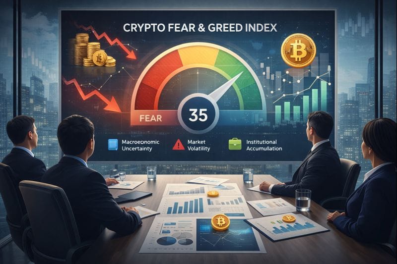 Illustration showing the crypto fear and greed index in the fear zone