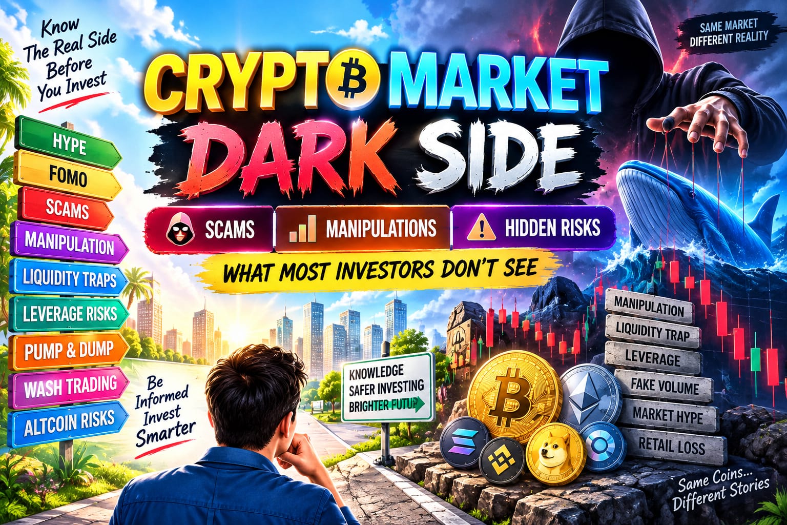Crypto Market dark side showing scams, manipulation, liquidity traps and hidden risks