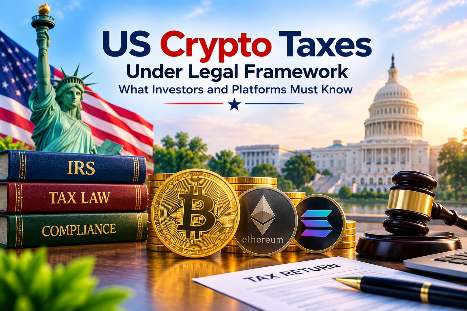 US Crypto Taxes Under Legal Framework showing IRS rules, crypto tax compliance and investor reporting