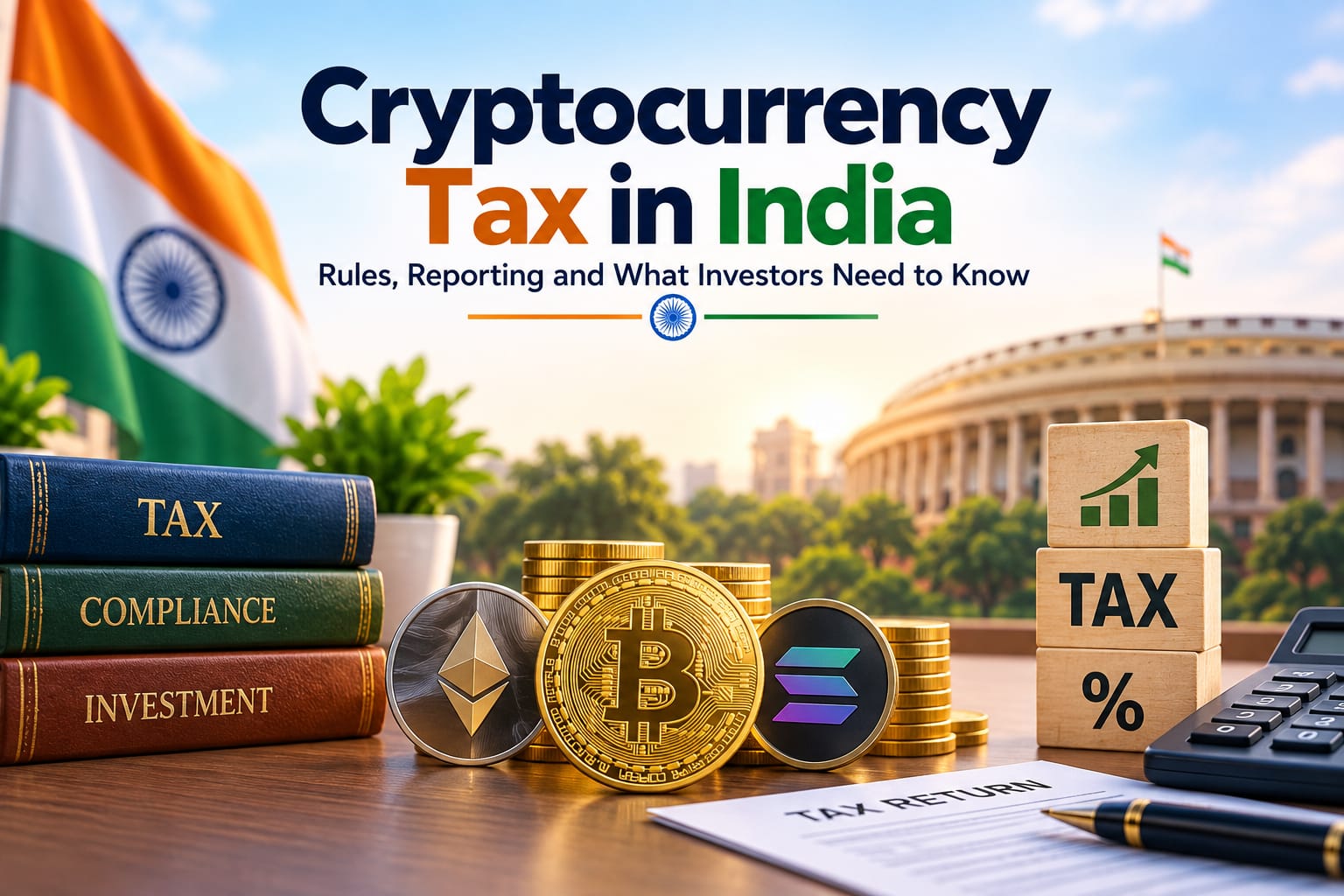 Cryptocurrency Tax in India showing crypto tax rules, TDS and tax reporting