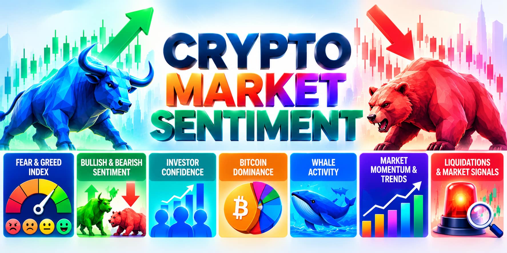 Crypto Market Sentiment with Fear and Greed Index, bullish and bearish sentiment, investor confidence, Bitcoin dominance, whale activity, market momentum and liquidation signals