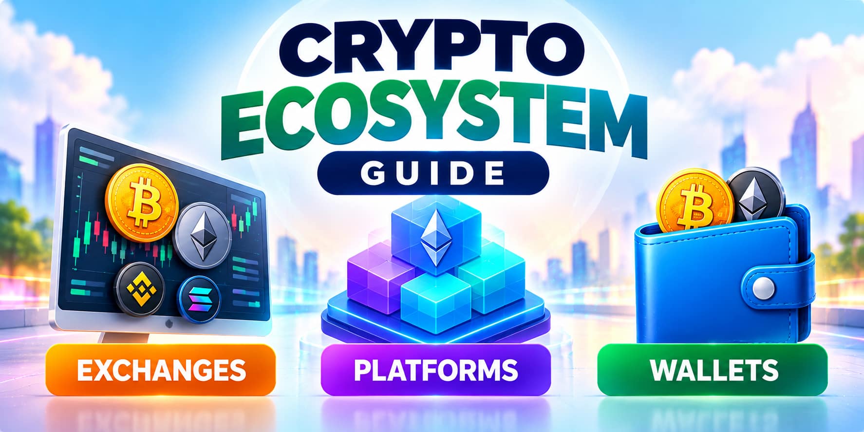 Crypto ecosystem showing exchanges platforms and wallets