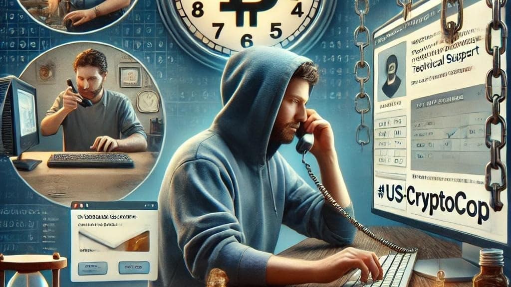 Crypto scams illustration showing phishing attacks, fake crypto investments, and online cryptocurrency fraud risks