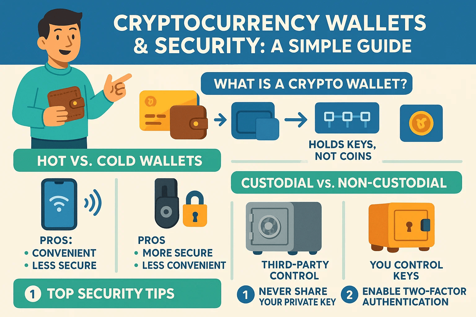 Crypto safety guide illustration showing secure wallets, blockchain protection, and cyber security measures