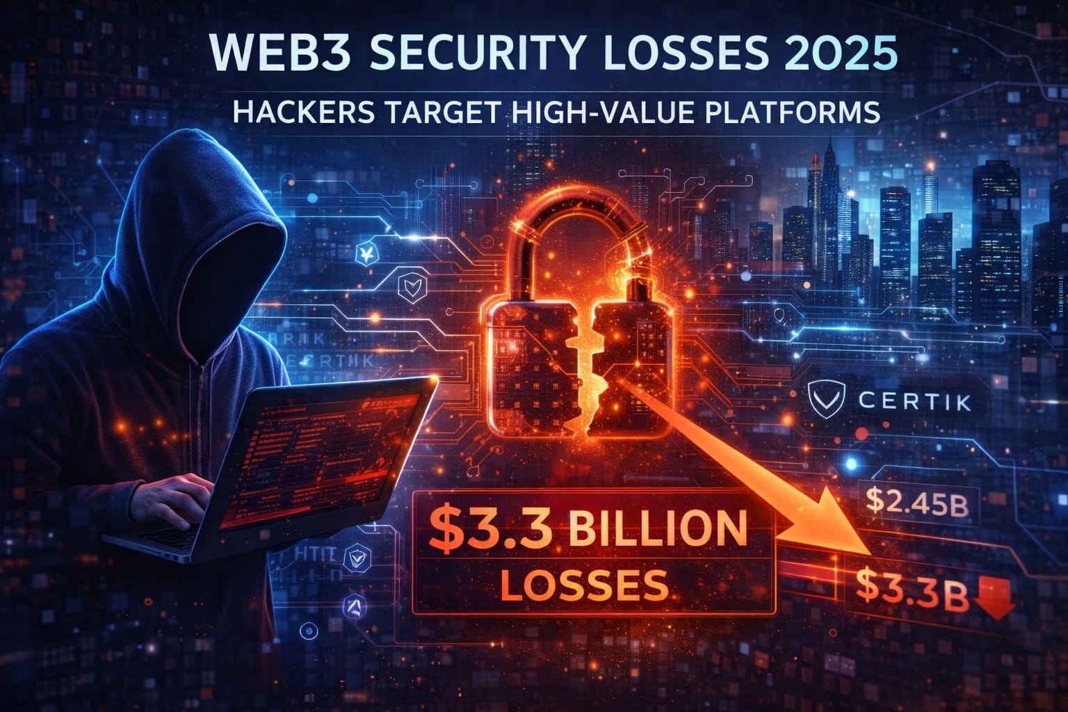Web3 cyber security shield with digital blockchain network representing rising security risks in 2025