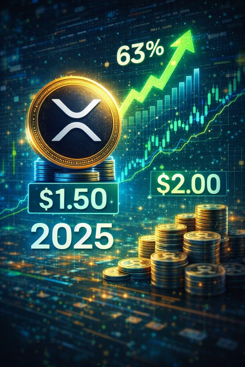 XRP coin with rising chart showing price prediction between $1.50 and $2.00