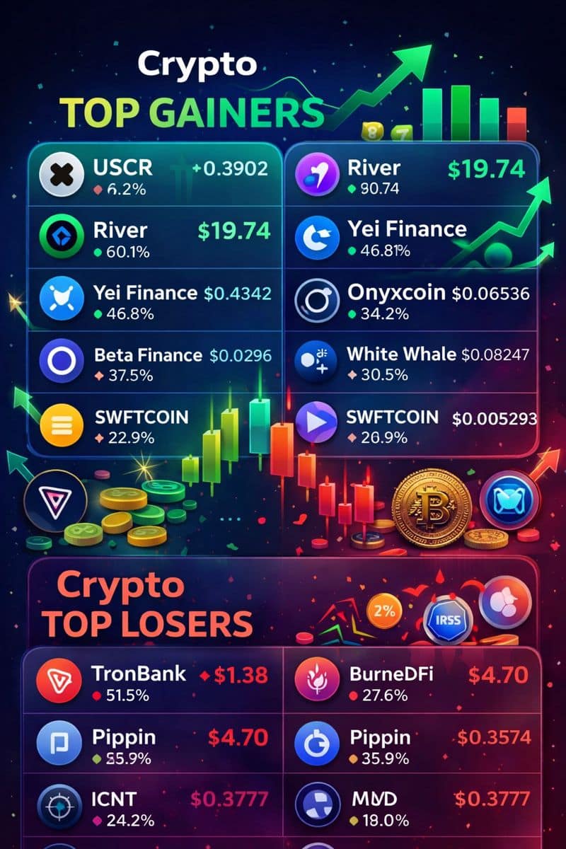Infographic showing the leading cryptocurrency gainers and losers over the last 24 hours, highlighting strong price surges and notable declines in market performance.