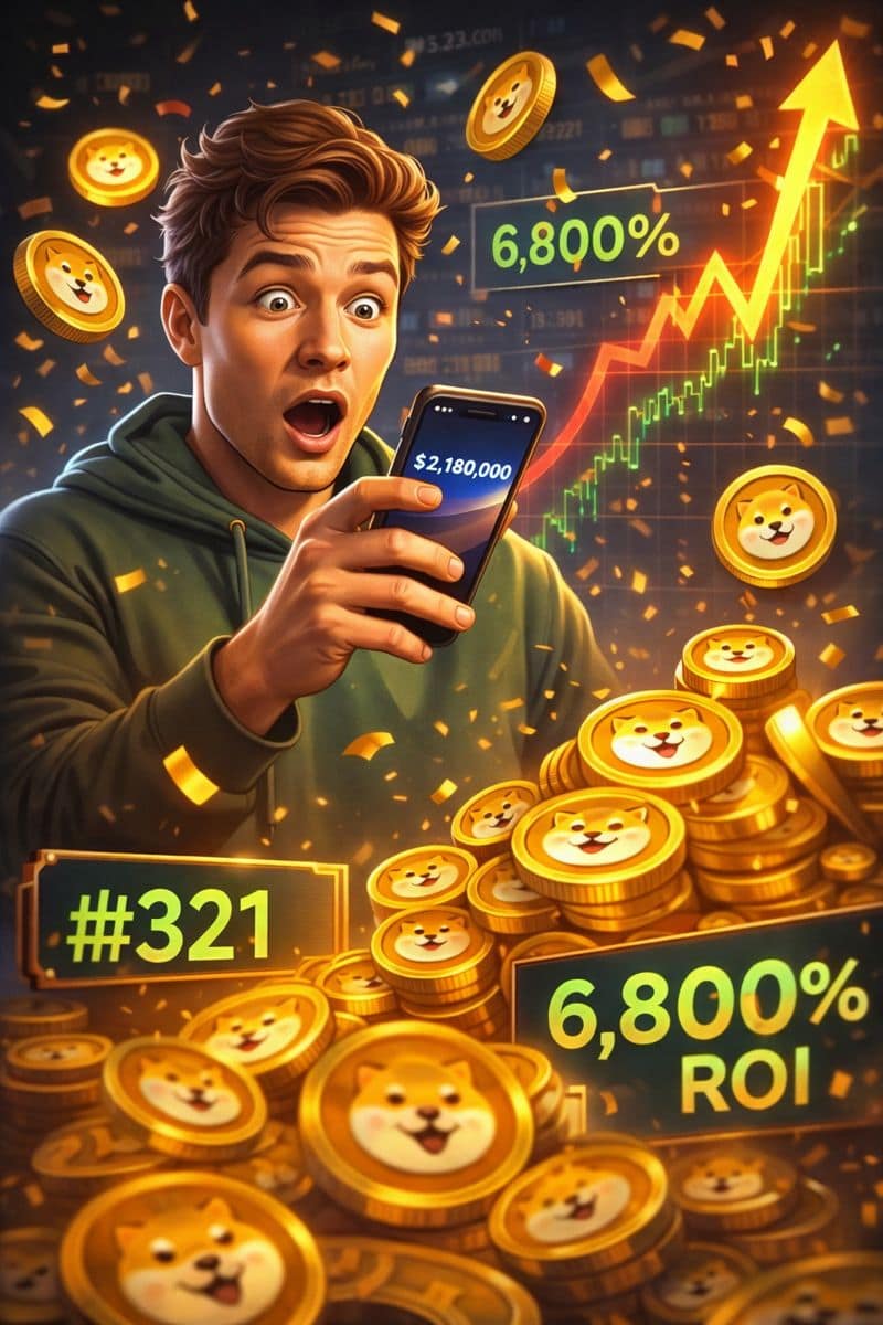 Illustration of a cryptocurrency trader celebrating huge profits from a meme coin investment, symbolizing unexpected high returns in the crypto market.