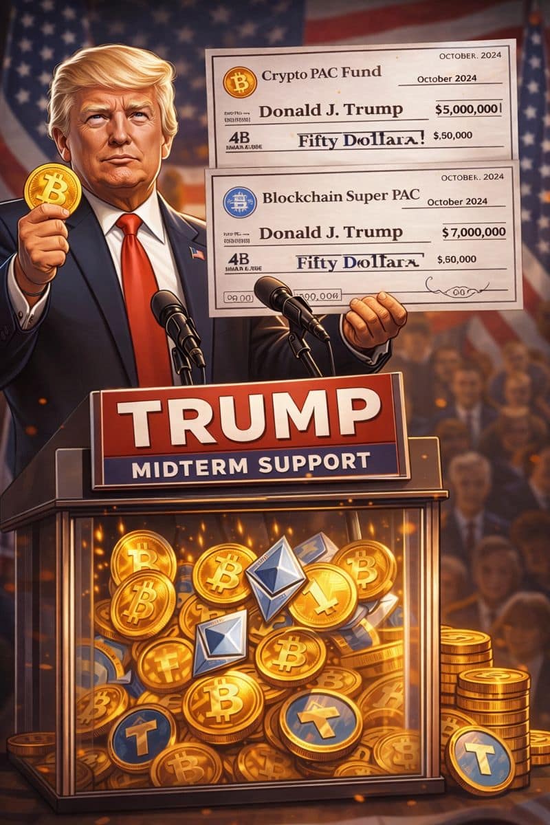 Donald Trump with a donation box filled with Bitcoin and Ethereum coins.