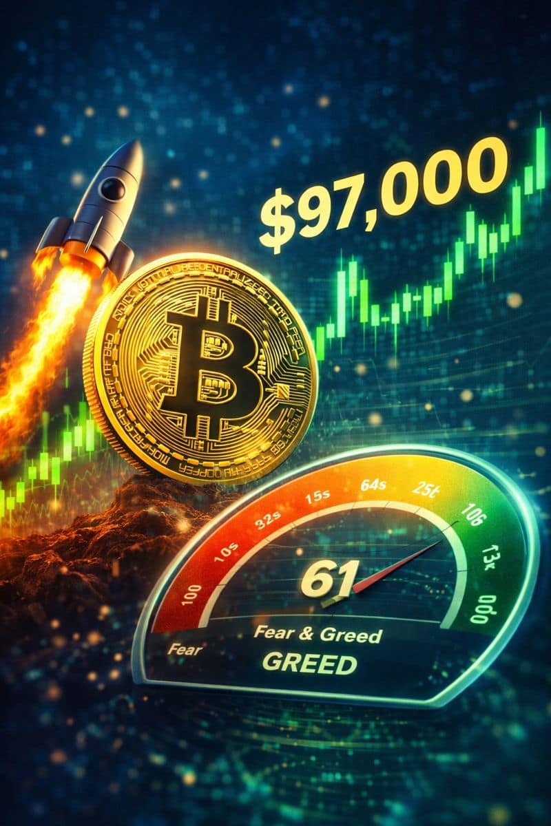 “Crypto Fear and Greed Index showing 61 greed level with rising Bitcoin trend”