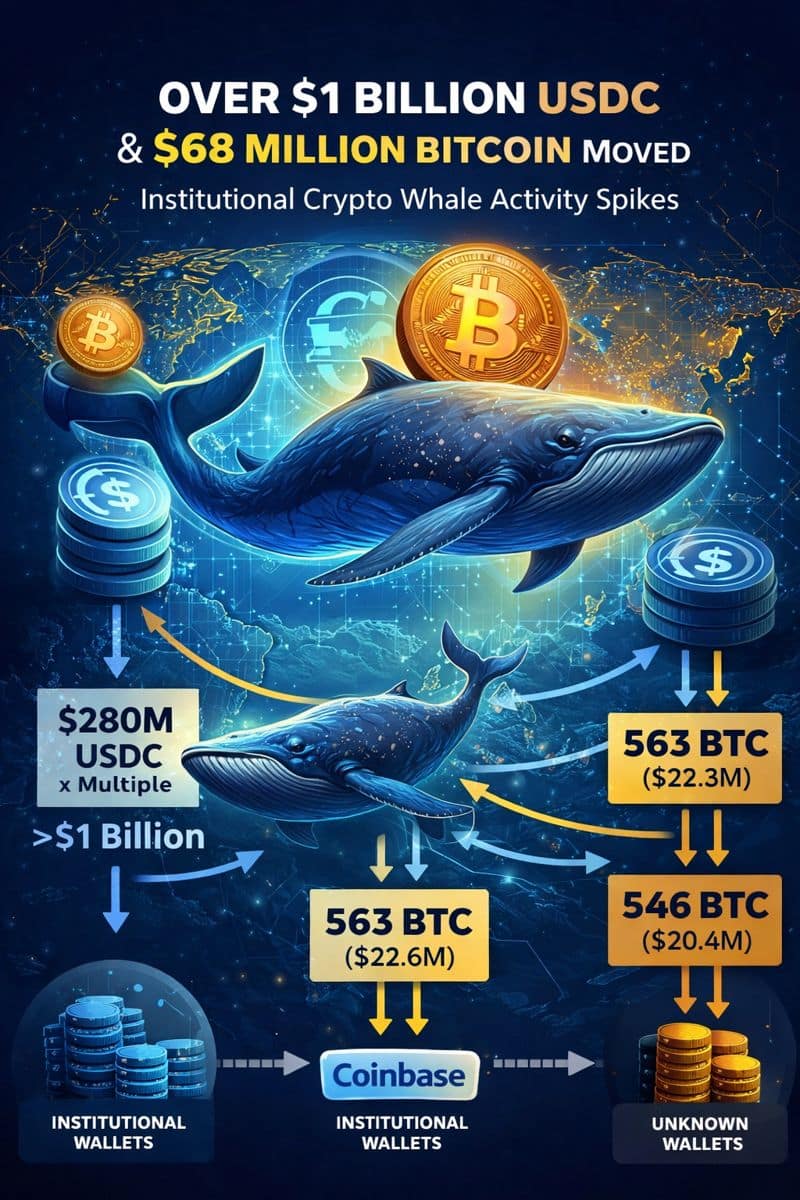 Illustration showing large Bitcoin and USDC transfers between wallets, representing significant whale movements in the crypto market.