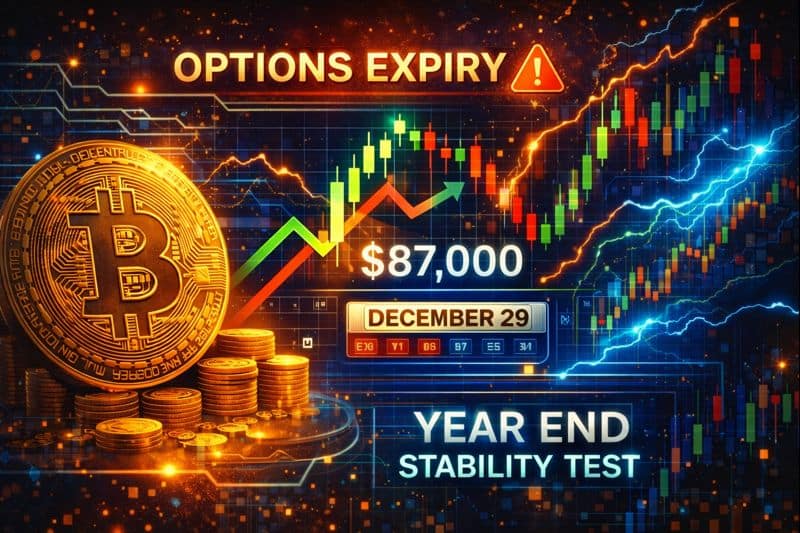 Illustration showing Bitcoin facing strong market fluctuations with bullish and bearish forces at year-end options expiry