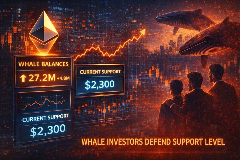 Illustration showing Ethereum price recovery with upward trend lines and whale accumulation concept