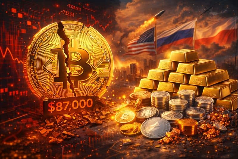 Broken Bitcoin coin with falling red chart and gold bars rising on the side