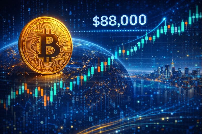 Illustration of Bitcoin showing stability above $88,000 with slight price decline in the crypto market.