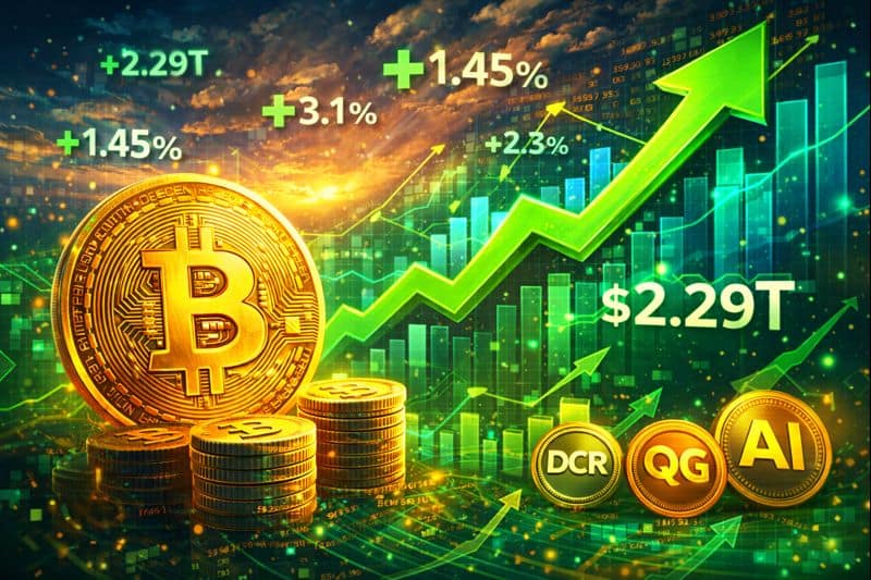 Bitcoin and altcoins with green upward chart showing crypto market growth