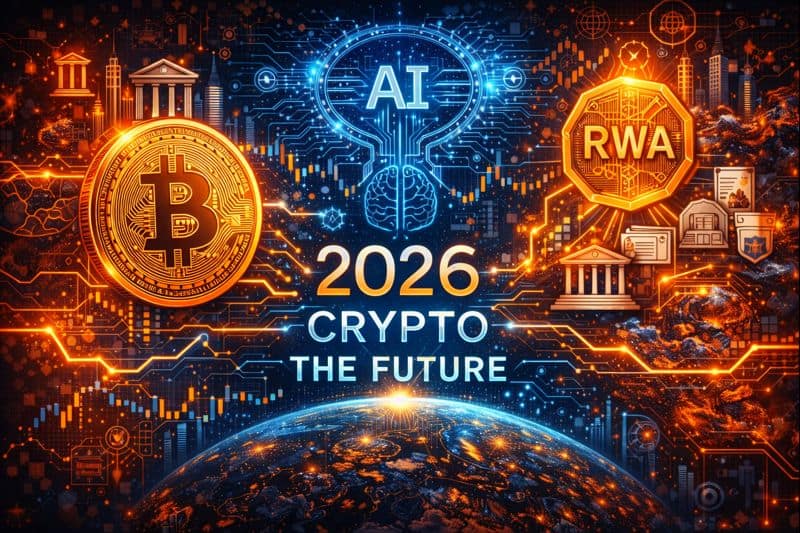 Digital illustration showing future crypto market growth with Bitcoin in the center