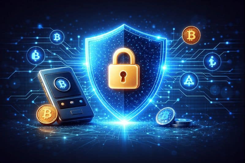 Crypto security illustration showing blockchain protection, encryption, and AI-powered cyber defence