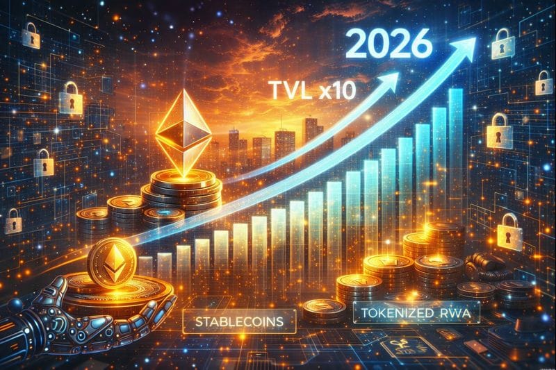 Ethereum coins with rising chart showing TVL increasing by 2026