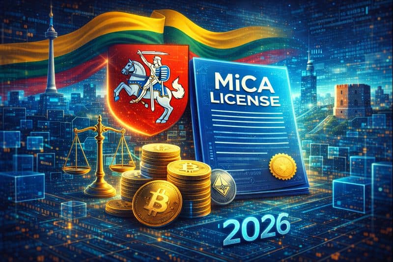 Lithuania flag with MiCA license document and cryptocurrency coins showing 2026 regulation deadline