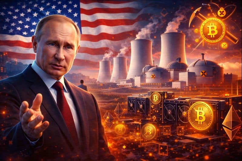 Putin with nuclear power plant and Bitcoin mining concept in background