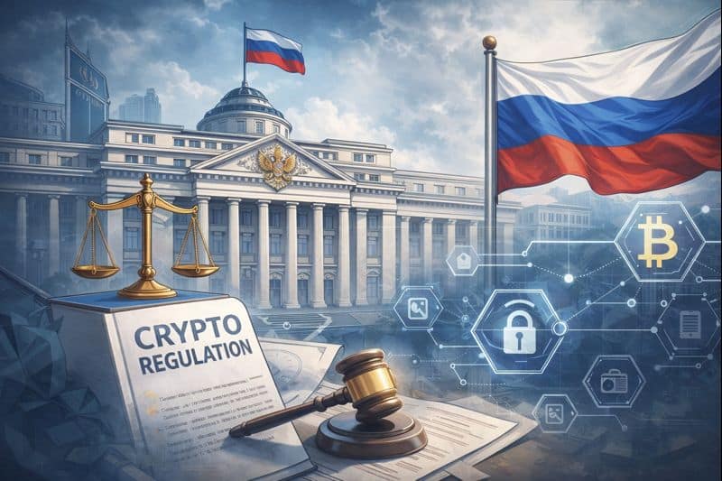 Digital illustration representing Russia exploring new cryptocurrency regulations to broaden investor access, featuring government symbolism and blockchain elements.