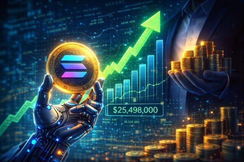 solana coin with rising market chart showing value growth