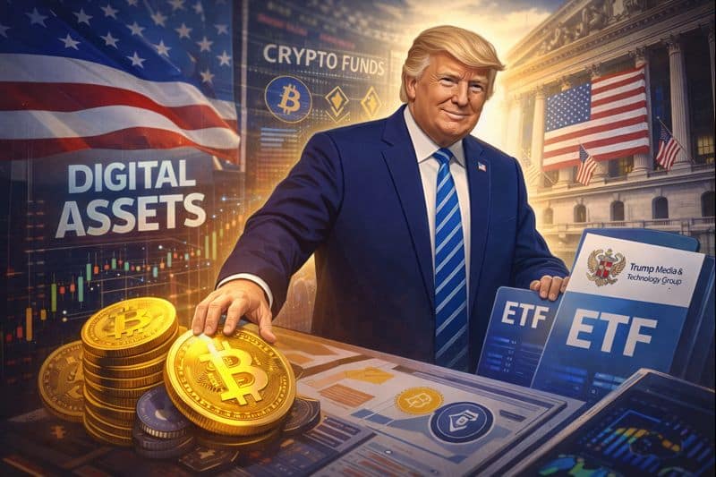 Donald Trump standing confidently with digital asset charts, Bitcoin coins, and ETF files, symbolizing Trump Media’s expansion into crypto and digital investment products.