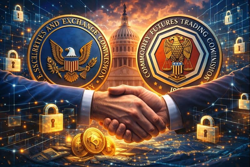 Handshake in front of SEC and CFTC symbols showing cooperation on U.S. crypto regulation