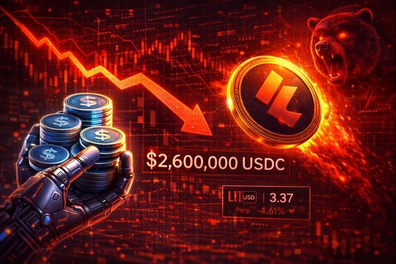 USDC coins and LIT token with a red downward market chart showing bearish trend