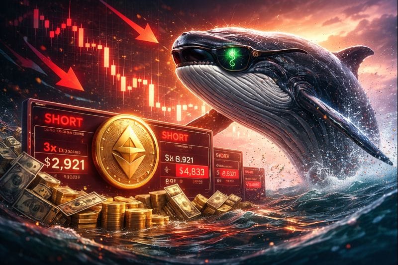 Big crypto whale with Ethereum short trading chart and falling market arrows