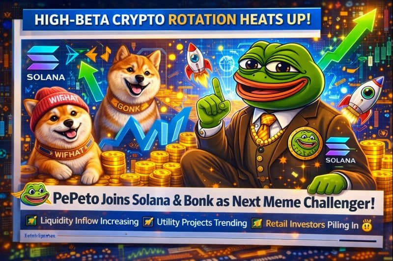Illustration of Solana, Bonk Dog, and Pepe-themed crypto characters representing high-beta cryptocurrencies gaining attention in the market.