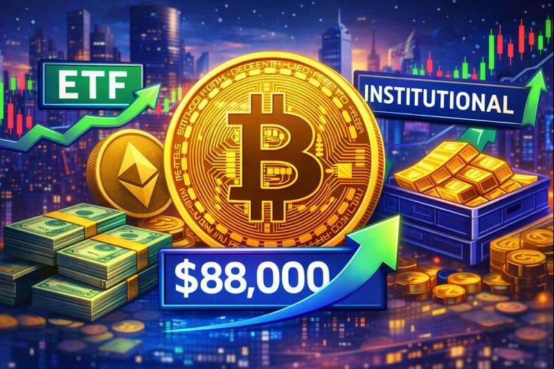 Bitcoin and Ethereum coins shown with rising market charts and ETF inflow indicators