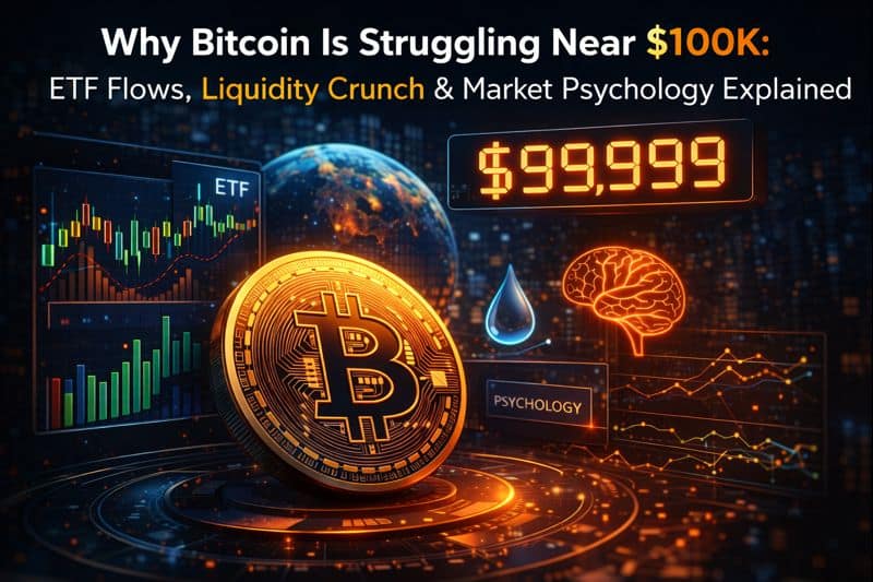 Bitcoin price analysis showing ETF flows and market psychology near $100K