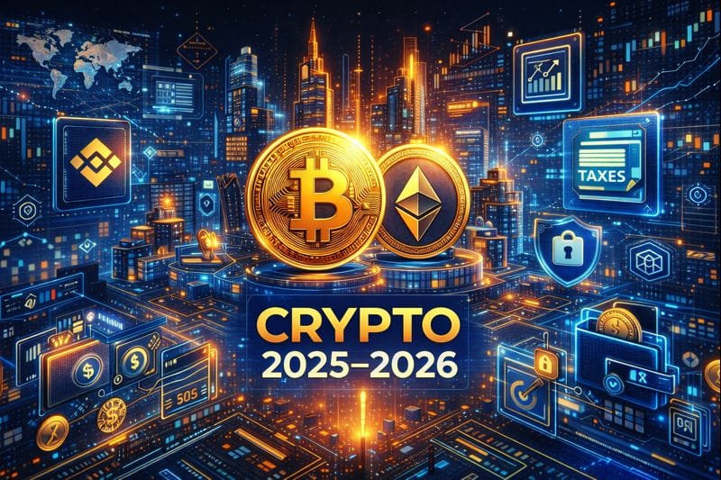 Futuristic digital illustration showing Bitcoin and global crypto growth with glowing charts and technology icons.