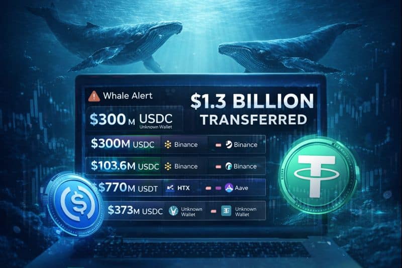Whale alert highlights over $1.3 billion in USDC and USDT moved between unknown wallets and major crypto exchanges