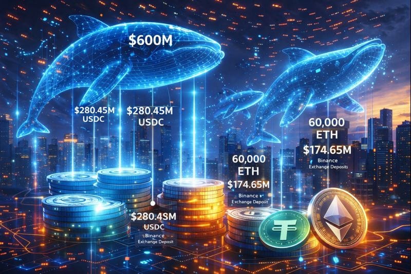 Illustration showing huge cryptocurrency whale transactions moving USDT and ETH between wallets and exchanges, symbolizing major market activity.