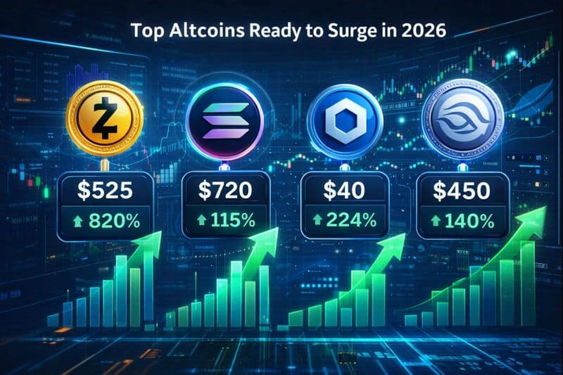 Futuristic crypto infographic showing price charts and growth projections for leading altcoins in 2026.