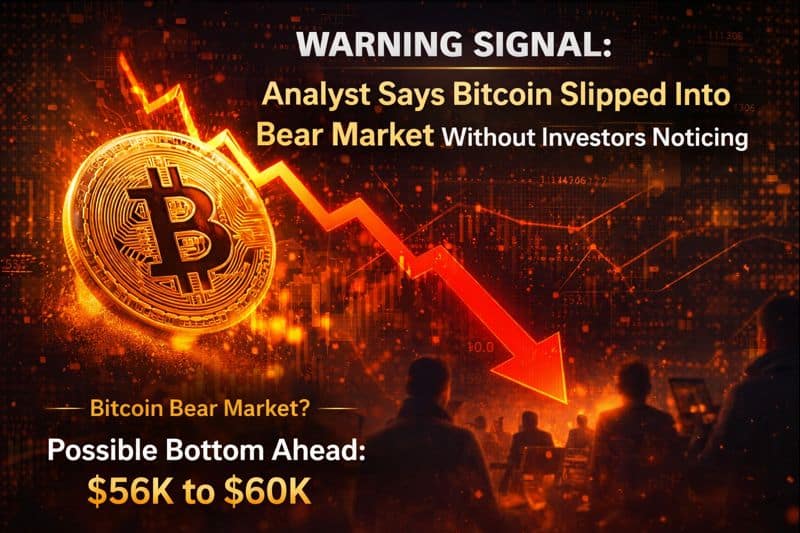 A digital news-style image showing Bitcoin price decline with a downward red chart arrow and bearish market indicators.