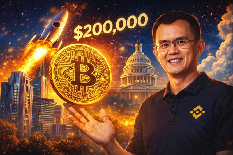 Binance CEO Changpeng Zhao with Bitcoin $200K target illustration