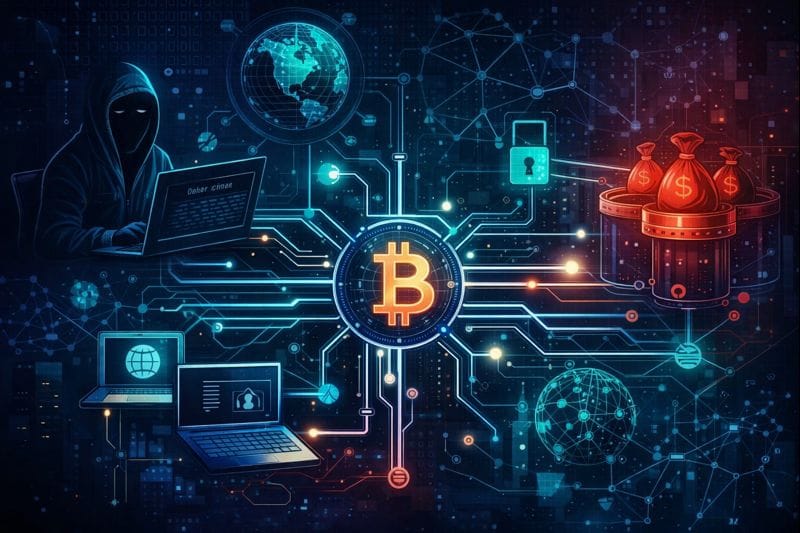 Illustration showing organized crypto crime networks and blockchain security risks