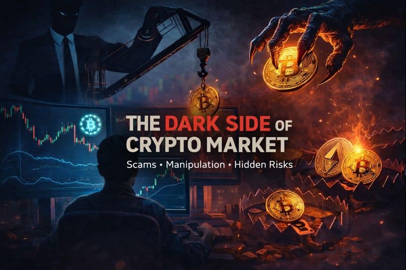 Dark side of the crypto market showing scams, hacks, volatility, and investor risk in digital assets