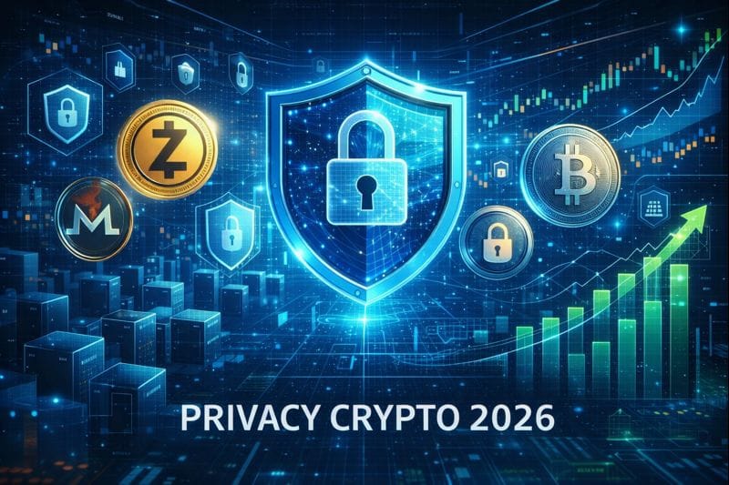 Digital illustration showing secure blockchain networks and privacy-focused cryptocurrencies symbolizing growing importance of crypto privacy by 2026.