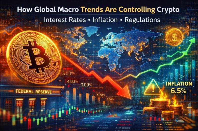 Futuristic illustration showing global economy and cryptocurrency trends influencing digital assets.