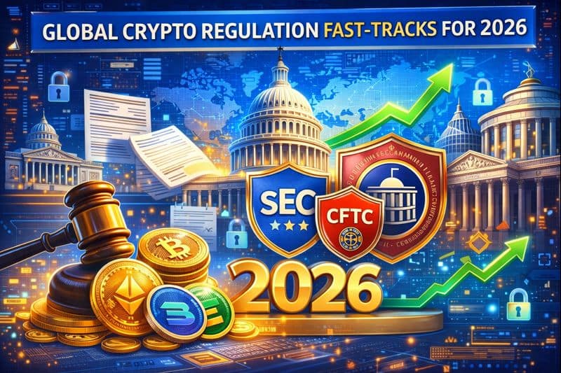 Illustration showing global regulators and digital assets, symbolizing tightening cryptocurrency rules and evolving 2026 crypto policies.