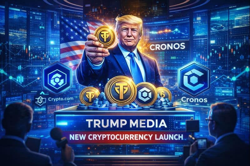 Illustration of Donald Trump with digital coin symbols and futuristic crypto visuals, representing Trump Media’s new cryptocurrency launch.