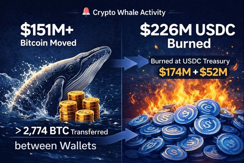 Infographic showing large Bitcoin transfers between wallets and significant USDC burns at the USDC Treasury, highlighting recent whale activity in the crypto market.