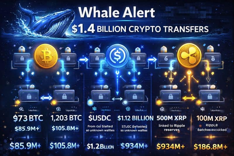 Futuristic digital infographic showing large cryptocurrency transfers by whales across Bitcoin, XRP, and stablecoins, highlighting significant blockchain transactions and market movement.
