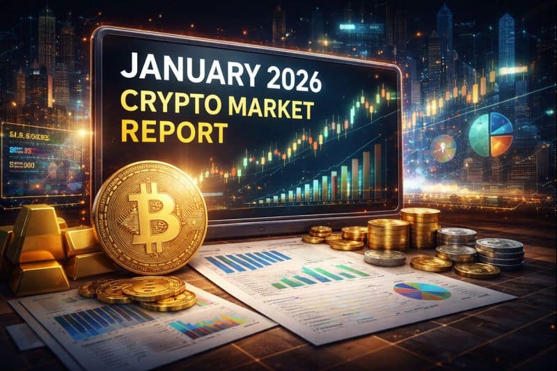 Illustration showing Bitcoin, crypto market trends, and investor sentiment in January 2026